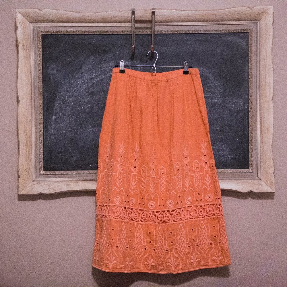 Jjill, Coral, Linen, Maxi Skirt with Embroidery, Eyelet and Lace Detail, S
